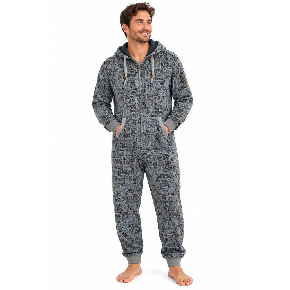 KAVU Hooded Jumpsuit Men Small Gray Blue Tribal Print Cotton Pajamas Loungewear